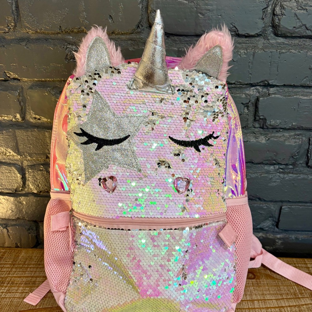 Wonder Nation Kids Pink Flip Sequin Unicorn Backpack Iridescent Silver Horn NWT